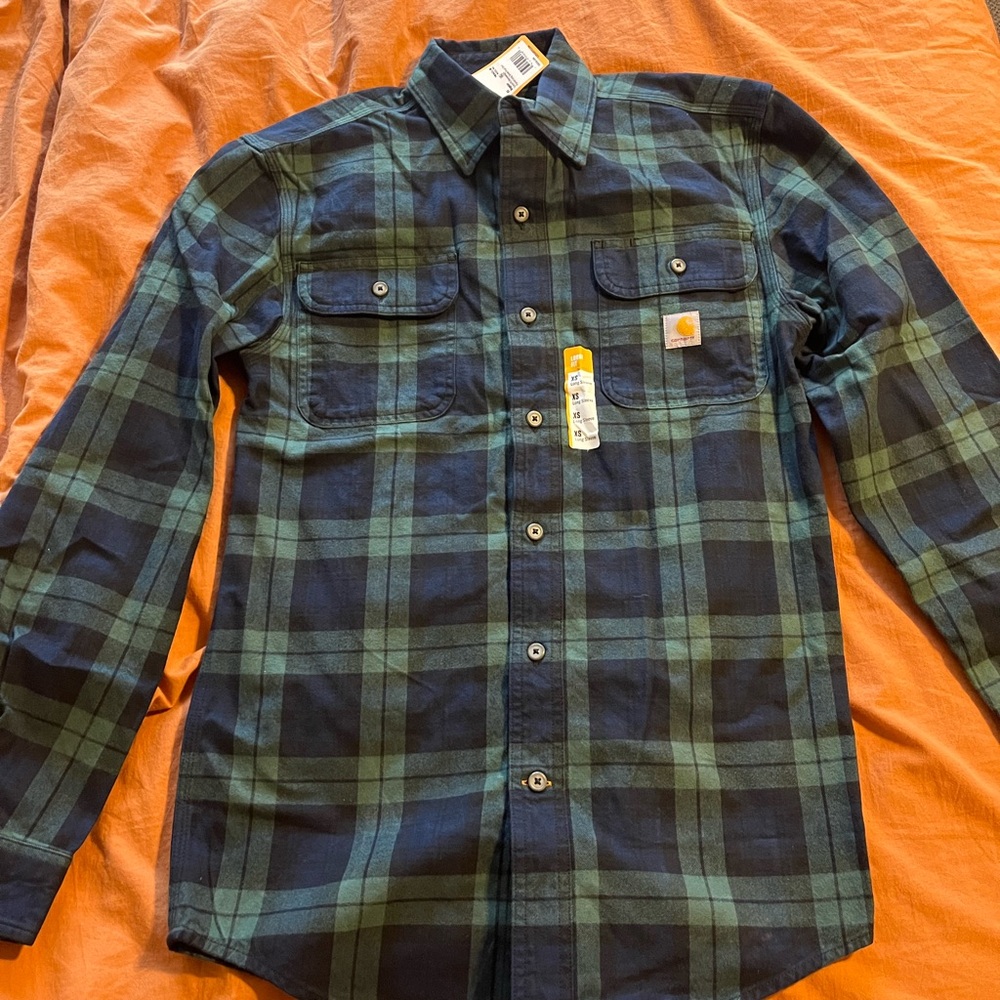 Carhartt Men's Blue and Green Plaid Button Down Shirt